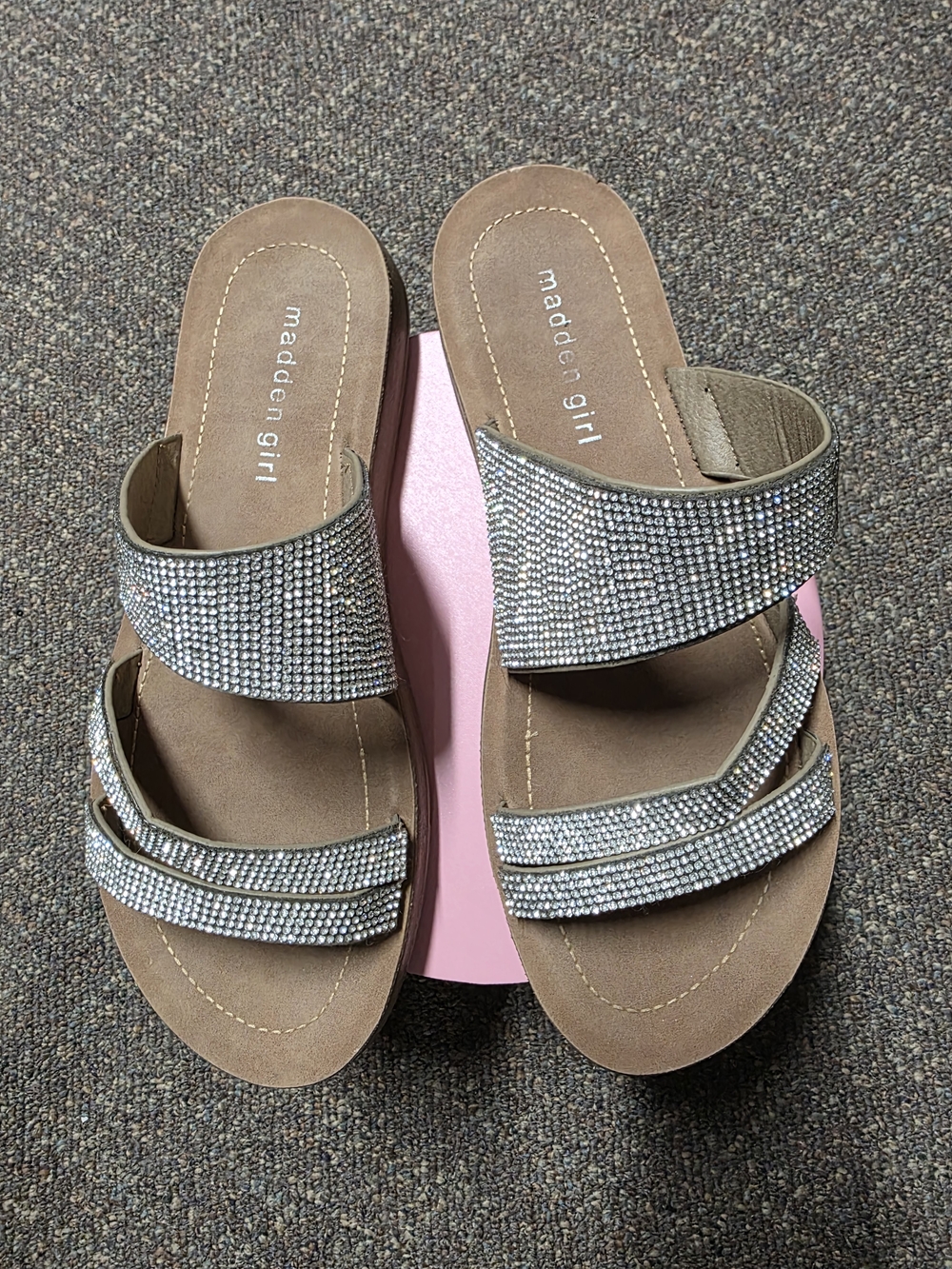 Madden Girl Rhinestone Embellished Tan Slide Sandals